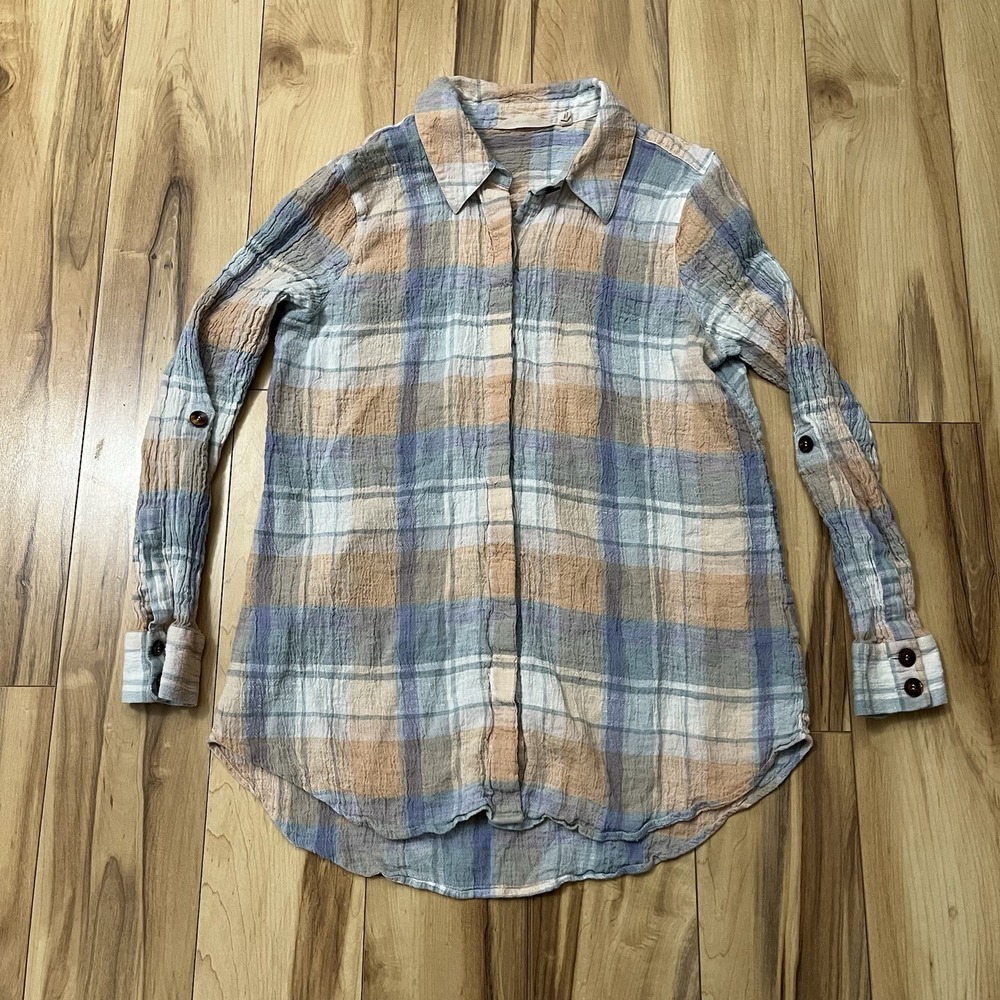 Soft Surroundings 100% Linen Pastel Plaid Crinkle Gauze Button Shirt Womens Sz M